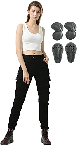 SHAIYOU Womens Motorcycle Trousers,Ladies Motorbike Protective Jeans Stretch Armoured Riding Motocross Racing Pants with Removable Armour and Multi-pockets (Black,M)