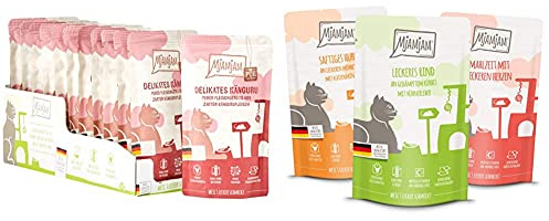 MjAMjAM - Premium Nassfutter für Katzen - Quetschie - purer Fleischgenuss - saftiges Hühnchen pur (12 x 125 g) & Premium Nassfutter für Katzen - Mixpaket 1 - Huhn, Rind, Herzen (12 x 125 g)