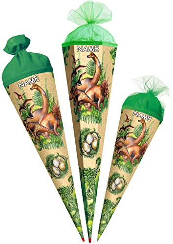 alles-meine.de GmbH Schultüte - Dinosaurier/Dino 35-85 cm Größe wählbar mit Holzspitze - Zuckertüte - inkl. Name - Zuckertüte - Tüllabschluß/Filzabschluß - eckig/ru..