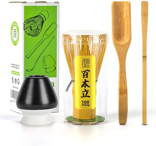 TEANAGOO Matcha Set| MatchaBesen| matcha zubehör,Matcha Schneebesen (Chasen), Bambusschaufel (Chashaku), Teelöffel,mattschwarzer Schneebesenhalter,TG-I4, Das perfekte Set für die Zubereitung einer
