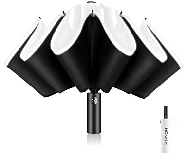 XIXVON Schirm Pro (10 Speichen, Weiß) | LSF 50+ 99% UV-Schutz, reflektierender Sicherheitsstreifen, stabil, winddicht, tragbar für Reisen, automatisch | umgekehrter Taschenschirm