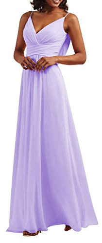 Vestidos de dama de honor de gasa fuera del hombro sin mangas correas de espagueti doble cuello en V largo dama de honor vestidos una línea, Lila, 46