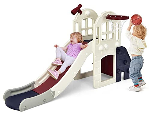 GOPLUS 6 in 1 Kinderrutsche mit Basketballkorb, Multifunktionale Babyrutsche mit 140cm Rutschbahn, Ringwurfspiel, Tunnel & Fernglas, Gartenrutsche aus HDPE mit Abnehmbarem Pedal für 3-8 Jahre (Blau)