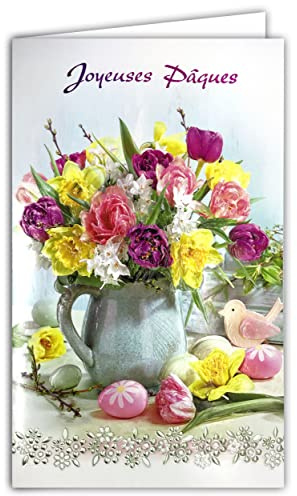 12-6015 Carte Joyeuses Pâques Fille Femme Bouquet Fleurs Printemps Tulipe Jonquille Narcisse Oiseau Livré avec Enveloppe Format 12x19,5cm Papier écolabel FSC Gestion Durable Forêts Fabriqué en Europe