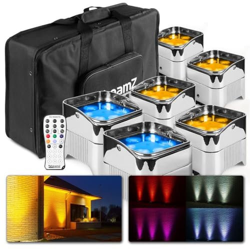 BeamZ BBP96SC Uplight 6er Set mit Tasche Akku LED Strahler RGB AW-UV, Display, 9h Akkubetrieb, LED Par Spot, 6x 12W, Built-In WDMX, 6,10 DMX-CH, 0-100% Dimmer, 7027LX, Eazy Link, RJ45, Chrom