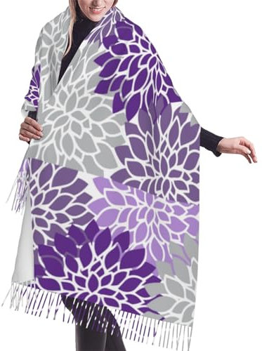 GRatka Schal, modernes lila und graues Blumenmuster, Unisex-Schal mit Fransen, großer, warmer, weicher Kaschmir-Schal, Wickeltücher, 196 x 68 cm