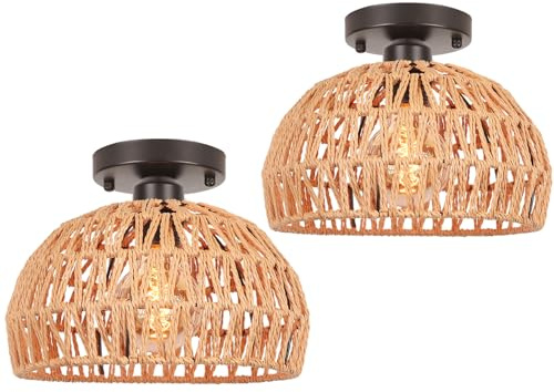 LIGKIN 2 Stücke Vintage Boho Rattan Lampe Deckenleuchte Hängelampe, E27 Metalle Geflochten Lampenschirm Deckenlampe, Ø25CM Rustikal Industrielle Deckenleuchten für Schlafzimmer Kindergarten Korridor