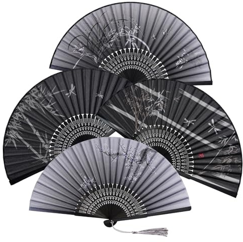 jerbro 4 Stück Fächer Hochzeit Handfächer Sommer Hochzeit Hand Fan Chinesischer Blumen Fächer Faltbar Orientalischer Faltfächer für Geburttag Hochzeit Dekoration Fotografie (Schwarz)