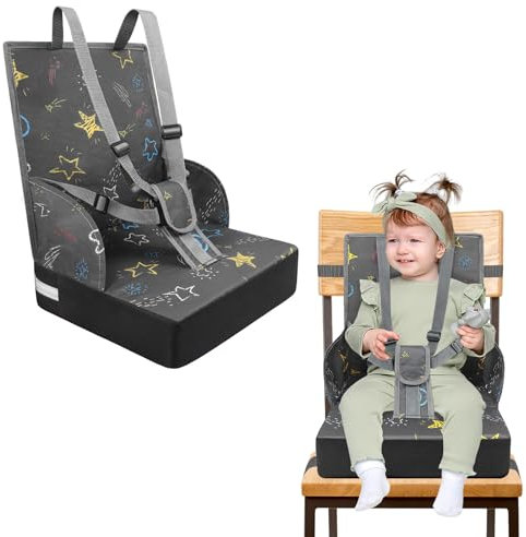YUENFONG Baby Sitzerhöhung, Kinder Sitzkissen 3 Punkt Sitzgurt Stuhl Faltbar, Stuhlerhöhung Tragbare Kindersitzkisse mit Rückenlehne, Boostersitze für Unterwegs, Zu Hause, Grau