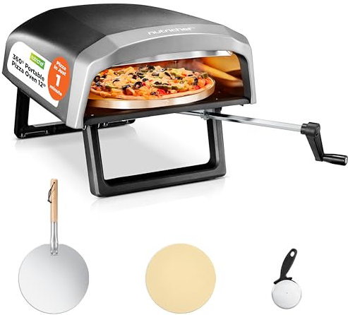 NutriChef Hornos de pizza portátiles de mesa para exteriores, horno de pizza de gas de 12 pulgadas, piedra de pizza giratoria de 360°, máquina de pizza de calentamiento rápido, parrilla de pizza de