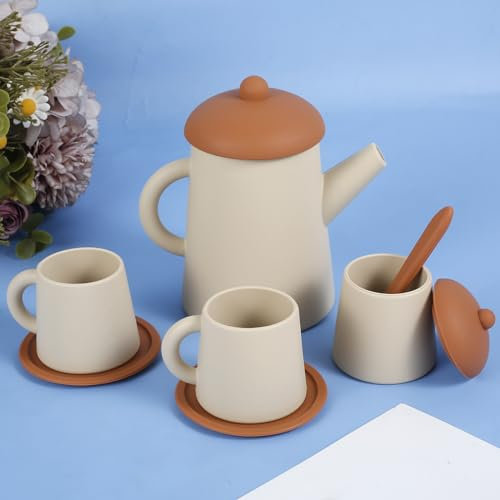 7Pcs Silicone Tea Set for Toddlers Children Tea Party Set Tea Toy Set for Children with Teapot Cups Spoon Spice Jar Cup MatKitchen Accessories Birthday Gifts for 3 4 5 Years Old Girls Kids Boy(Beige)