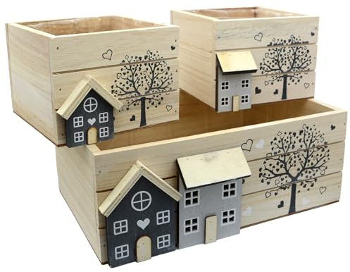UNUS Holzkisten 3er Set, Holzdeko im Landhausstil, 12 x 12 x 9 cm | mit Pflanzfolie, Bepflanzbare Aufbewahrungsbox Holz, Dekokisten als Geschenk, Dekoration für Balkon oder Innenbereich