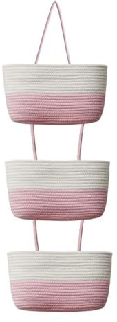 Hängeorganizer Geflochten Korb Hängend Wand Organizer, 3 Etagere Hängeaufbewahrung Hängende Tasche Aus Baumwollseil, Faltbare Hängeregal Pflanzkorb Für Bad, Schlafzimmer, Kinderzimmer (Rosa)