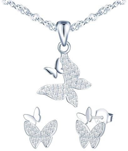 MICMIF Joyas Conjunto de Collar y Pendientes de Mariposas en Plata de Ley 925, Pendientes Aretes de Mariposas, Collar Colgante Mariposas para Mujer Niña