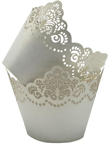 KOSTOO Cupcake-Förmchen mit Aushöhlung, Kronen-Backpapier, Spitze, lasergeschnitten, Backförmchen, Muffin für Hochzeit, Party, Geburtstag, Dekoration, Eisweiß, 50 Stück