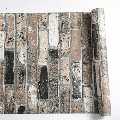 Tarwanear Retro Brick Effect Wallpaper Brown 3D Brick and Stone Pattern Effect Wallpaper Roll Non-Woven Fabric Matte Textured Wall Sticker Paper for Living Room Bedroom Hallway