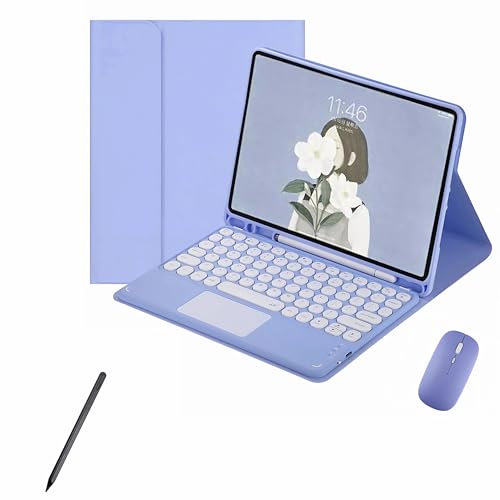 XFTeoux Funda con Teclado y Ratón para Samsung Galaxy Tab S6 Lite 10.4'' Tablet 2024/2022/2020, Set Inalámbrico Bluetooth Desmontable con Lápiz, Púrpura