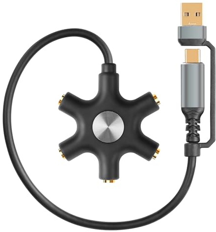 GINTOOYUN USB A/C Mâle 5 Ports 3.5mm Femelle Casque Audio Splitter 5 Jack 3.5mm Stéréo Music Sharer 1 Mâle et 5 Femelle Splitter Téléphone Ordinateur Jack Séparé (avec USB)