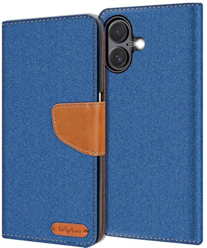Verco Étui de Protection à Rabat en Textile Denim Compatible avec Apple iPhone 16, Bleu