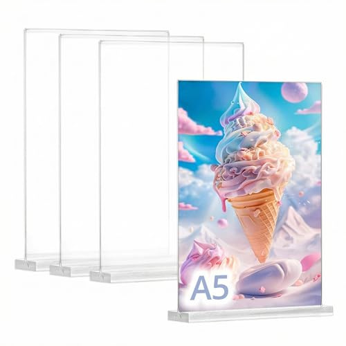 QWORK® 4 Stück A5 Acryl Display Ständer, doppelseitiger T-förmiger Displayständer, Klare Menühalter für Büro, Restaurant und Heimgebrauch