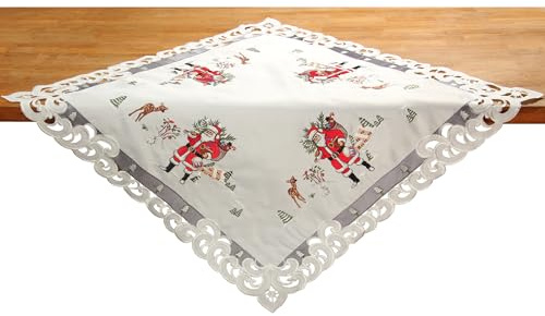 HanaQi-Weihnachtlich Bestickte Quadratische Tischdecke - Weihnachtsmann Design (85x85 cm), Polyester, grau-rot-weiß