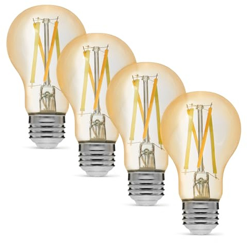 Amazon Basics A19 Smart Filament LED Bulb, Tunable White, Dimmable, Wi-Fi Enabled, Works with Alexa Only, Easy Setup, 2.4 GHz Wi-Fi, 4-Pack