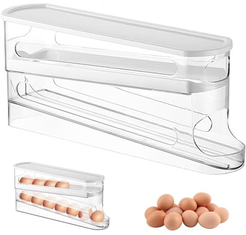 Soporte para Huevos de Nevera, Hueveras para Frigorífico, Dispensador De Huevos Enrollable Automático De 2 Pisos, Organizador de Huevos Reutilizable, Material PET, Para Nevera, Organizador