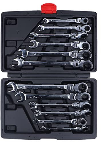 Fafeicy Jeu de Clés à Cliquet, Jeu de Clés à Cliquet à Tête Flexible 12 Pièces clé Combinée 8 à 19 Mm Acier à Outils 72 Dents avec Clés Mixtes Flexibles à 180 °