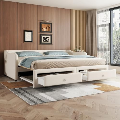 YuQozii Daybettt, 90x200cm Tagesbett mit ausziehbarem Bett,Schlafsofa mit Zwei Schubkästen, Einzelbett(Ohne Matratze), Leinen, minimalistisches Styling (Beige)