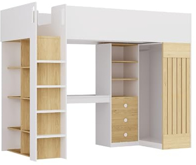 Vente-unique-Hochbett mit Schreibtisch & Kleiderstange - 90 x 190 cm - WeiÃ Â ÂÂ Ã Â ÂÂ & Holzfarben - LORINTI
