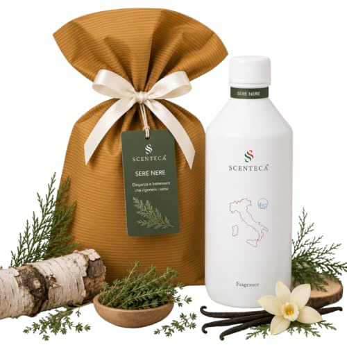 SCENTECA Ricarica per diffusori a nebulizzazione fragranza Sere Nere, profumo ambiente con oli essenziali di cipresso, timo, betulla e vaniglia, fragranza fresca e legnosa per casa e ufficio, 500 ml