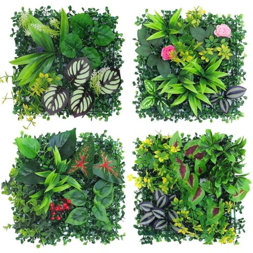 AQCQDQ Pflanzenwand Outdoor, 4 Stück Kunstpflanzen Wand, 25 x 25 cm Künstliche Pflanzen Deko für Wand, Balkon & Garten (Hybrid 01)