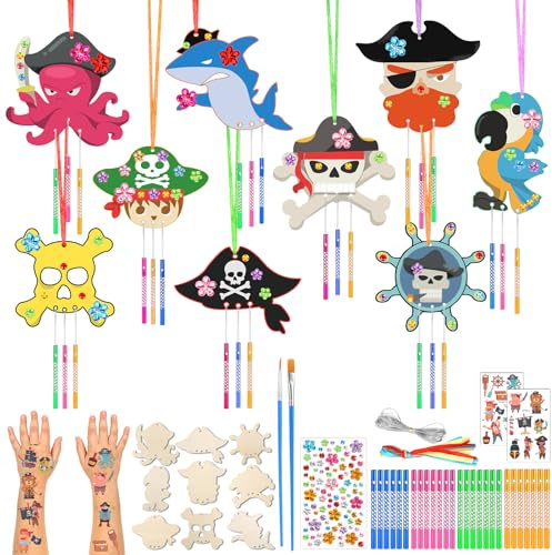 OOTSR 9 Pirata Artesanía Juego de Manualidades para Niños,Campanas de Viento de Madera DIY Regalos Decoración Cumpleaños para Niñas Pintura de Jardín