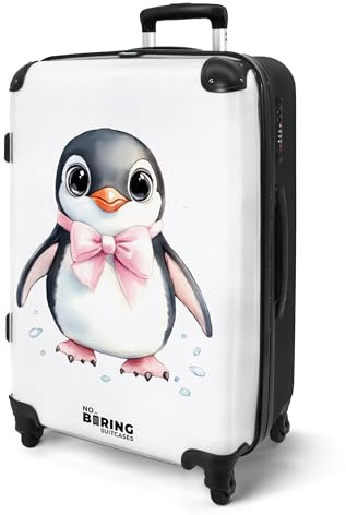 NoBoringSuitcases© Koffer Kinder Groß Reisekoffer Kinderkoffer 4 Rollen | 67x43x25 cm - Leicht Koffer Trolley Mittelgroß Hartschalenkoffer Kind Pinguin - Schleife - Rosa - Eistropfen