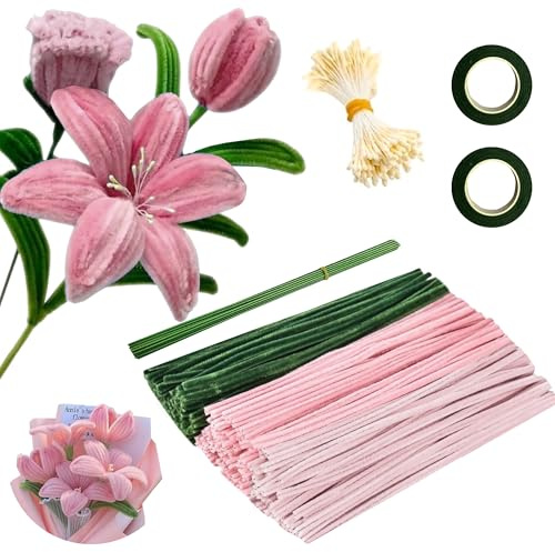 320 Stück Pfeifenreiniger Blumen set, 3 Farben Pfeifenreiniger Blumen mit 20 Grün Basteldraht,Klebeband,Ein Bündel Staubgefäße,DIY Bastelprojekte und Dekorationen Tulpe(Rosa,Grün,Hellrosa)