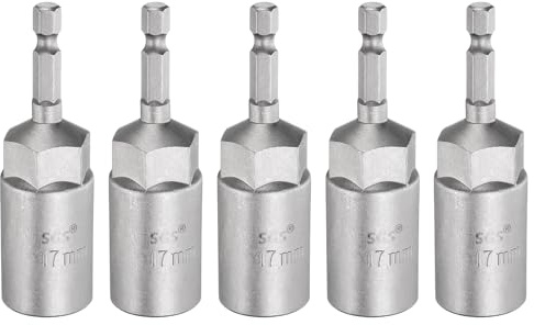 sourcing map 5 brocas de destornillador de tuerca de 17 mm, vástago hexagonal de 1/4 pulgadas de largo, magnéticos, 6 puntos, ajuste rápido de pernos de acero CR-V para taladros eléctricos