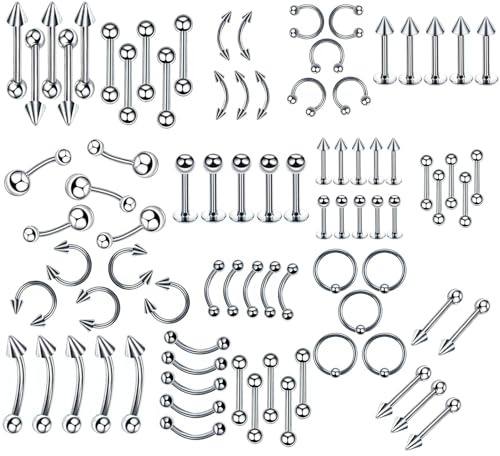GUSXPPD Lot de 85 Piercings de Langue, 14G 16G 18G Acier Chirurgical Piercing Arcade Cartilage Helix Piercing Banana Barbell Piercings pour Femmes Hommes