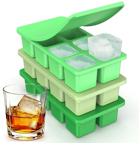 Large Silicone Ice Cube Trays with Lids, ZDPMK 3 Pack Large Whiskey Ice Cube Molds, Easy‑Release 2 Inch Square Big Ice Cube Molds for Freezer, Cocktails, Iced Coffee, Baby Food, Dishwasher‑Safe