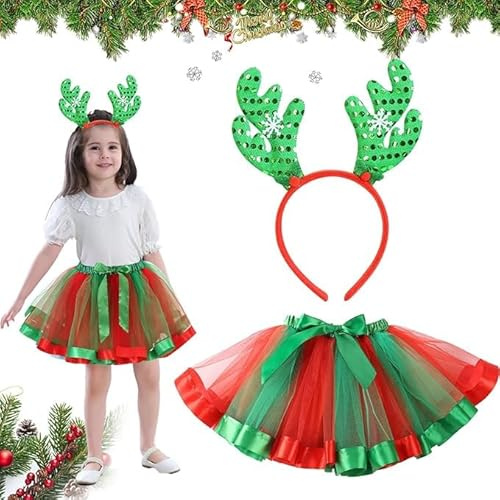 Ensemble Noël Déguisement Lutin pour Enfant, Deguisement Renne pour Enfant Fille, Costume Lutin Noel Enfant, Ensemble Jupe Tutu De NoëL avec Bandeau De Renne pour Fête de Noël Cosplay Mascarade Party