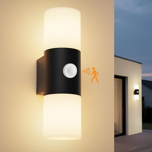 Allesgute Außenleuchte mit Bewegungsmelder Schwarz, IP65 LED Wandleuchte Außen E27, Aluminium & PC, Außenwandleuchte Max 60W für Garage, Eingang, Balkon, Terrasse (Ohne Lampe)