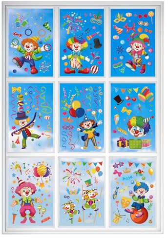 Karneval Fensterbilder Clown Fenster Aufkleber Fasching Deko | Bunte Fensterdeko für Karneval & Fasching, ideal für Wohnzimmer, Party und Familienfeiern