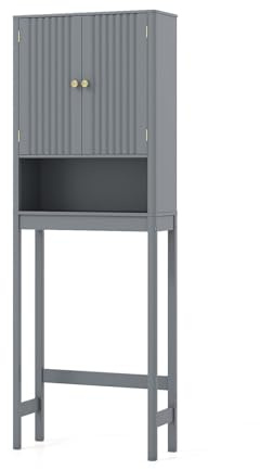 COSTWAY Mobile Bagno Sopra WC, Scaffale per Lavatrice Salvaspazio con 2 Ante, Mensola Aperta e Ripiano Regolabile, Armadietto Sopra Gabinetto in Legno, 60 x 23 x 168 cm (Grigio)