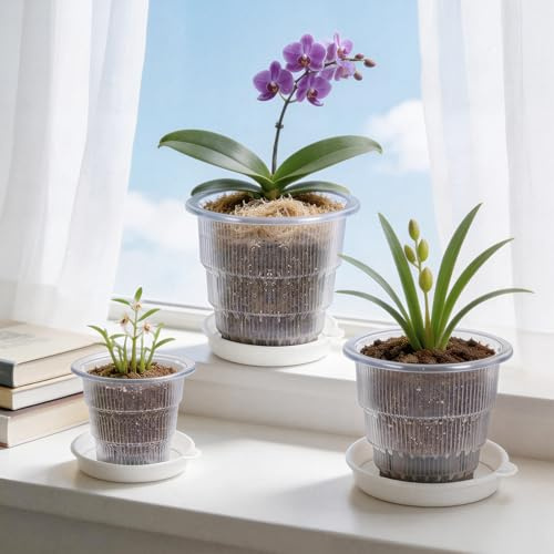 Yimomoyi 3 Stück Transparenter Orchideentopf, Zimmerpflanzentöpfe für Orchideen-Umtopf-Set, Samen-Sämling-Töpfe für Wurzelwachstum (10/12/15cm)