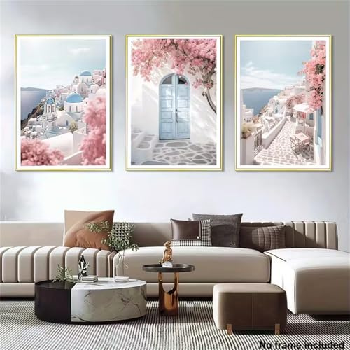 Meuzzvor Wandbilder Set 3er Leinwand Bilder Mediterrane Architektur mit Rosa Blumen Poster Moderne Wanddeko Wohnzimmer & Schlafzimmer Ohne Rahmen (50x70cm)