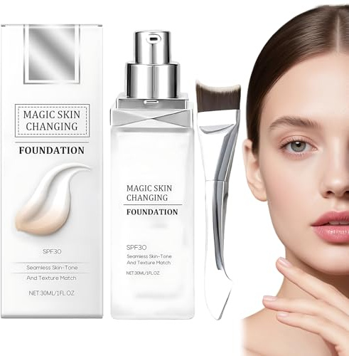 Kighdel 2 Pcs Colour Changing Foundation for Mature Skin with Foundation Brush, Long-Lasting Waterproof, Hydrating Natural Coverage, Creates Flawless and Delicate Finish for All Skin Tones