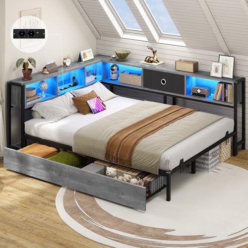 DICTAC Canapé Lit 140x190 avec Rangement, Éclairage LED et Prise - Lit 2 Places avec Sommier en Métal, 5 Compartiments et 2 Tiroirs-Cadre de Lit Double pour Enfant, Adulte, Ados et Invité(Gris Chêne)