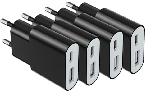 5W USB Ladegerät, 5V 1A 2 Port USB C+ USB A Netzteil Stecker, Slim USB Netzstecker Adapter Steckdose Ladestecker für iPhone, Samsung Handy,MP3, eBook Reader und Mehr (Slim 1.6cm/4packs/Schwarz)