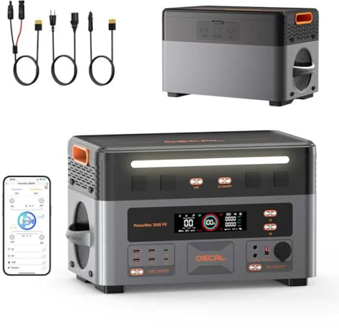 OSCAL 3600W (7200W Pico) Estación de Energia Portatil, 2160Wh Generador Solar, Carga Rápida 1h, Batería LiFePO4, UPS, 14 Puertos, Power Station para Camping, Caravana, Hogar, PowerMax 3600PE