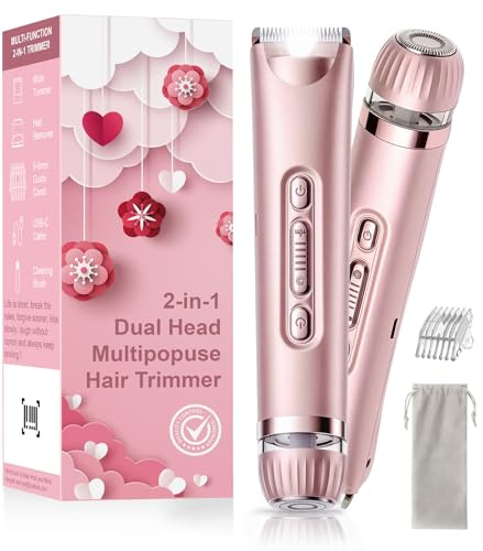 Bikini Trimmer Women with LED Light, 2-in-1 Lady Shavers for Women & Facial Trimmer, Electric Razor for Women for Bikini Line, Underarms & Face, Rechargeable Lady Shaver with Travel Bag