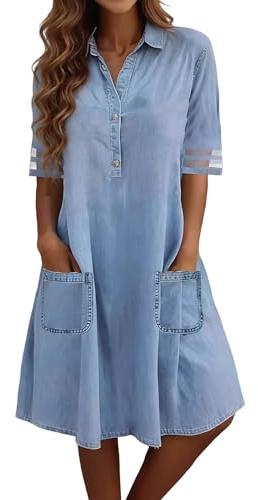 Robe midi en jean à manches courtes pour femme - Coupe ample - Avec poches - Tenue d'été
